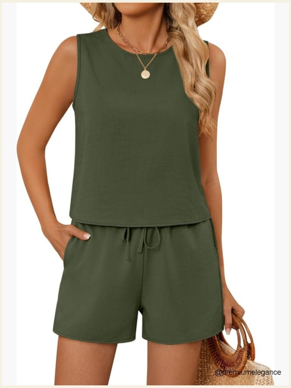 Women's Linen Cotton Sleeveless Crop Top and Shorts Set with Pockets